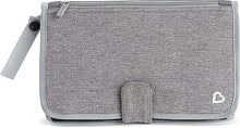 Gray portable diaper changing kit with changing pad, wipes case, front pocket, and strap