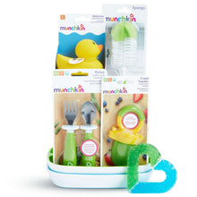 Baby gift basket with Munchkin feeding tools, sponge, utensils, and bottle brush set
