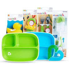 Baby feeding tray set with green and blue sections plus Munchkin utensil and sponge packs