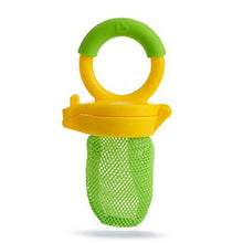 Mesh fresh food feeder, green pouch with yellow handle, BPA-free
