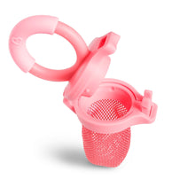 Pink mesh food feeder with open cap and handle, BPA-free