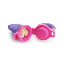 Purple mesh food feeder with pink open container and handle, BPA-free
