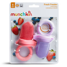 Munchkin Fresh Feeder BPA-free 2-pack retail package with coral and purple feeders