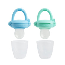 Blue and mint silicone baby food feeders with vertical nozzles, two-pack