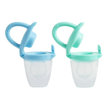 Two silicone baby food feeders, blue and mint with spout tips and handles