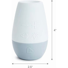 White portable sound machine with blue base shown with size measurements