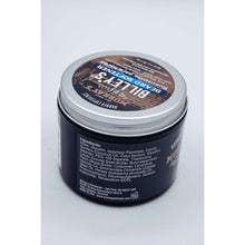 Beard softener jar back label with ingredient text and silver screw lid