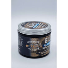 Beard softener jar side view with silver lid and dark container label text