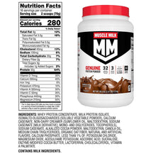 Muscle Milk chocolate protein powder tub beside its nutrition facts and ingredients