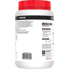 Muscle Milk protein powder tub showing directions, barcode, and product information