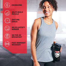 Muscle Milk shaker bottle held by a woman, with listed protein powder benefits