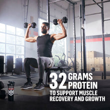 Muscle Milk shaker bottle beside a man lifting dumbbells; graphic notes 32 grams of protein