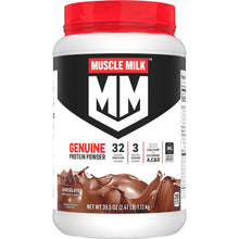 Muscle Milk chocolate whey protein powder tub with red lid, 2.47 lb