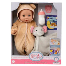 Baby doll in tan hooded sleeper with pink-lined ears, plus stuffed accessories.