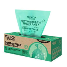 Compostable food waste bags box with open pouch, light green bag plastic