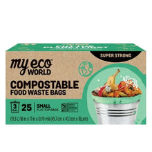 MyEco World compostable food waste bag box front, small bags 25-count