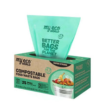 MyEco World compostable food waste bags with one bag lifted, green packaging