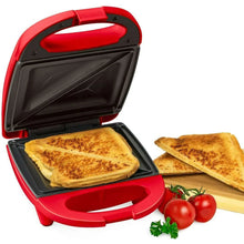 Red mini sandwich maker grill with lid open and black cooking plates