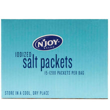 Iodized salt packets label with N'JOY brand and 15–1200 packets per bag
