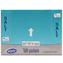 Teal salt pouch with pull tab to open, labeled salt packets
