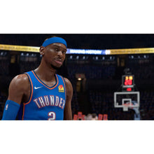 Basketball video game screenshot of a player in blue Thunder jersey on court