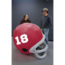 Red inflatable football helmet with white 18 front and gray chin guard