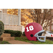 Red inflatable football helmet with white 18 and gray chin strap