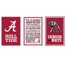 3-piece canvas wall art set with Alabama A logo and framed roll tide slogans, crimson