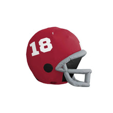 Red inflatable football helmet with white 18 and gray chin strap