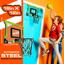 Over-the-door mini basketball hoop with black net and green backboard, plus green ball