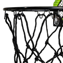 Mini basketball hoop net with black rim and hanging knots, viewed from below