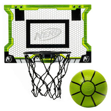 Over-the-door mini basketball hoop with green frame, white net and black rim
