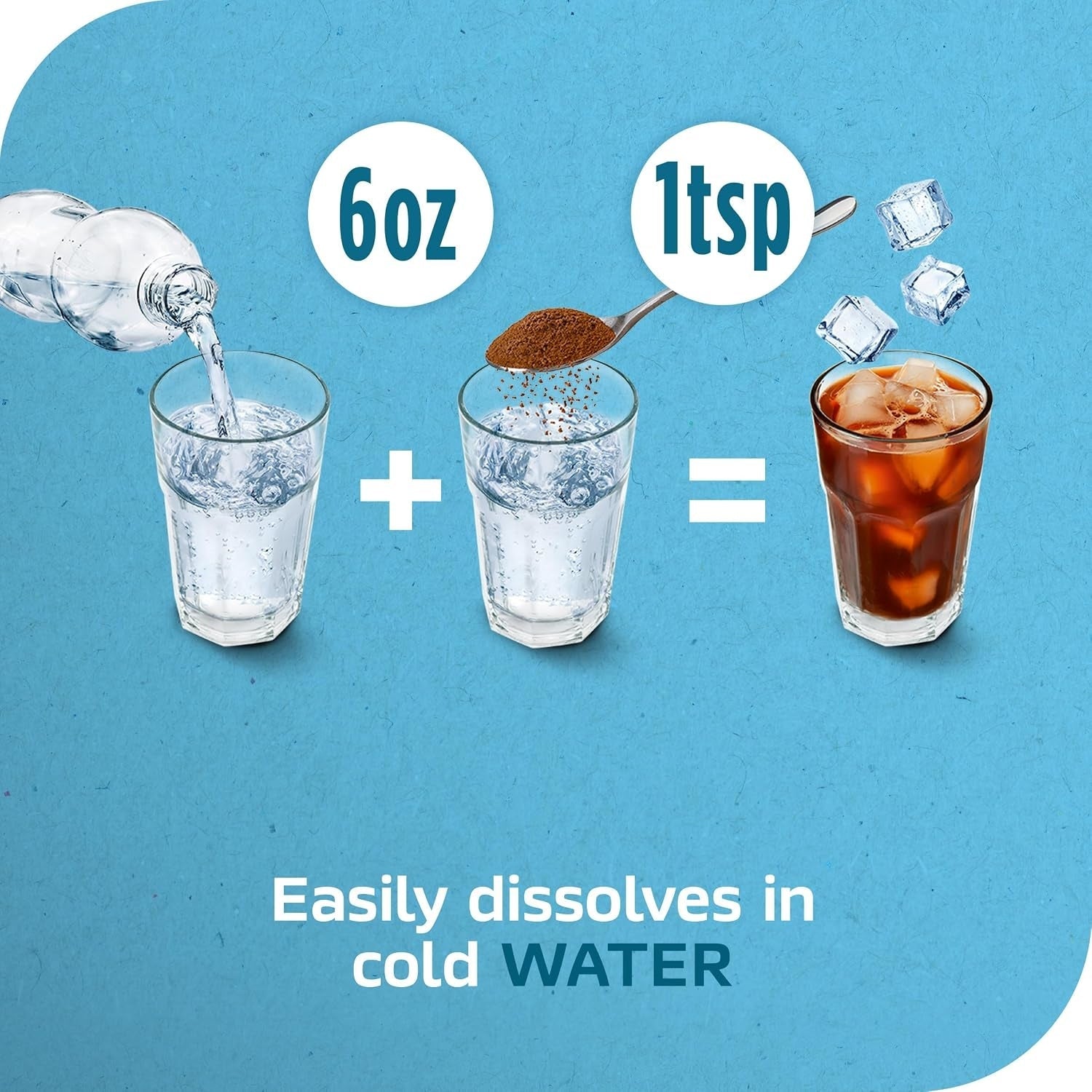 Instant iced coffee preparation diagram with scoops and cold-water glass