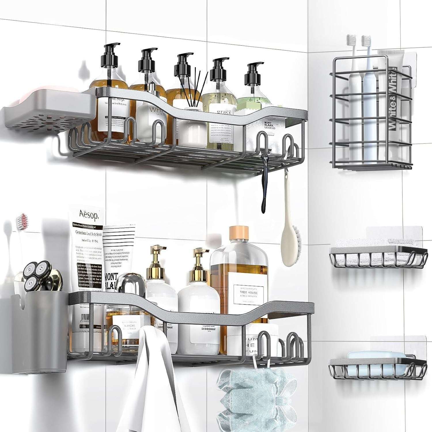 NESOMI Shower Caddy Adhesive Shower Organizer , Rustproof Stainless Steel Bathroom Shelves, Large Capacity No-Drill Rack Storage Accessories with Soap Dish Toothbrush Holder &24 Hooks Home Decor