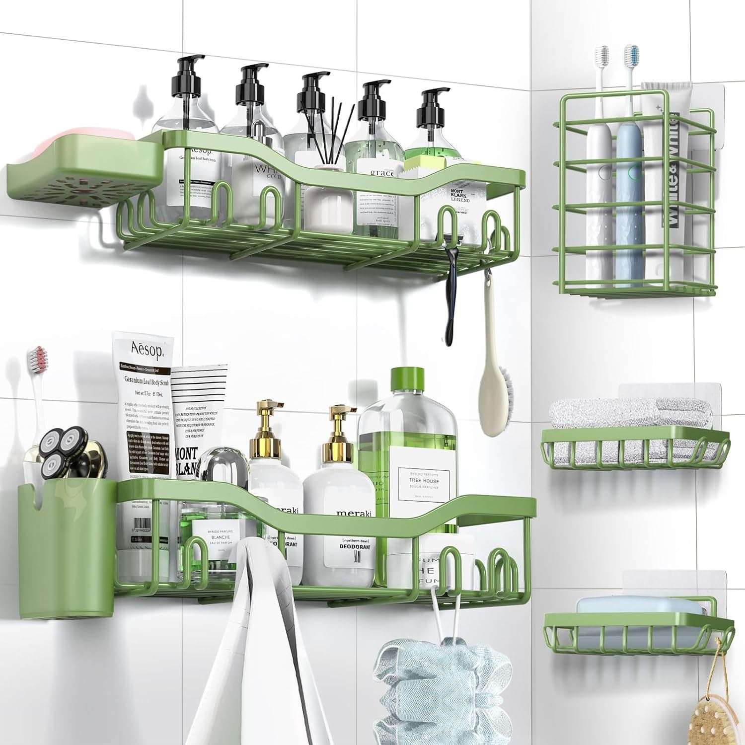 NESOMI Shower Caddy Adhesive Shower Organizer , Rustproof Stainless Steel Bathroom Shelves, Large Capacity No-Drill Rack Storage Accessories with Soap Dish Toothbrush Holder &24 Hooks Home Decor