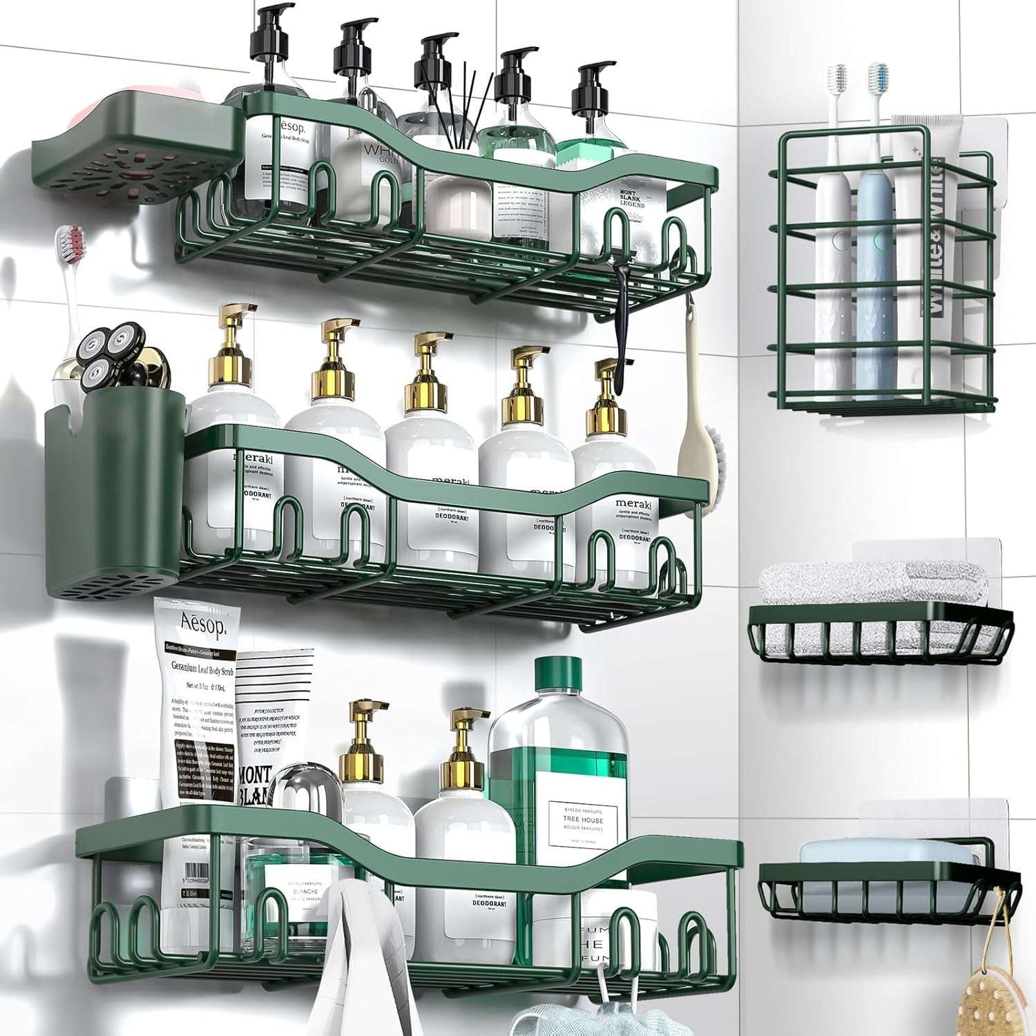 NESOMI Shower Caddy Adhesive Shower Organizer , Rustproof Stainless Steel Bathroom Shelves, Large Capacity No-Drill Rack Storage Accessories with Soap Dish Toothbrush Holder &24 Hooks Home Decor
