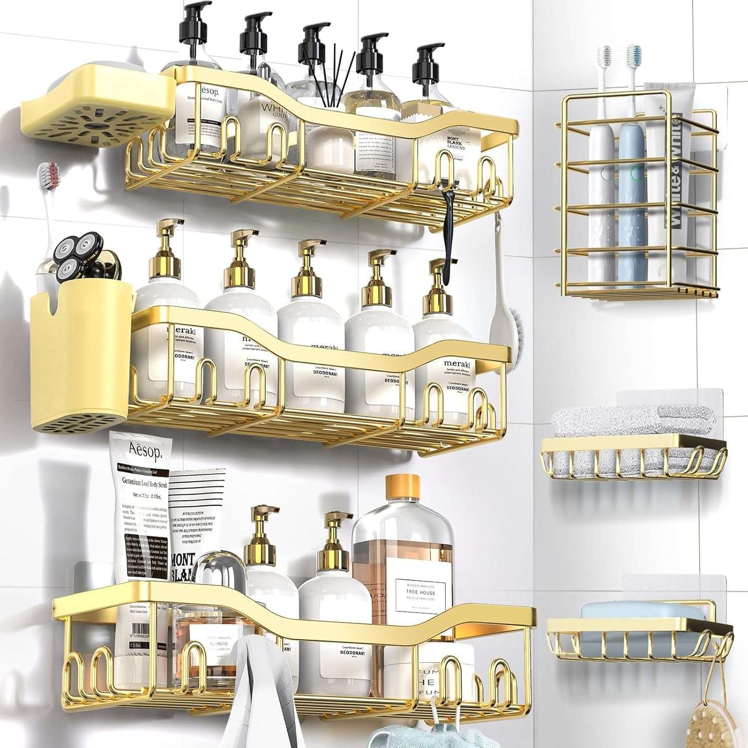 NESOMI Shower Caddy Adhesive Shower Organizer , Rustproof Stainless Steel Bathroom Shelves, Large Capacity No-Drill Rack Storage Accessories with Soap Dish Toothbrush Holder &24 Hooks Home Decor