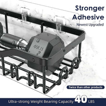 Adhesive shower caddy rack with strong mounting design and rows of curved hooks