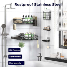 Rustproof stainless steel shower caddy set with shelves, hooks, and toothbrush holders