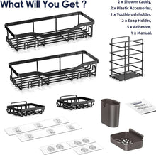 Black shower caddy set with two-tier racks, hooks, toothbrush cup and soap holder