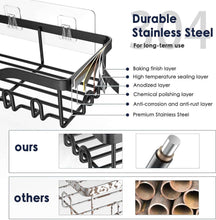 Stainless steel shower caddy rack with multiple hooks and layered metal construction