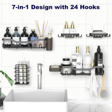 Adhesive shower caddy organizer with soap dish, toothbrush holders, and 24 hooks