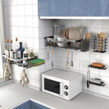 Stainless shower wall organizer with two shelves, side hooks and utensil holders