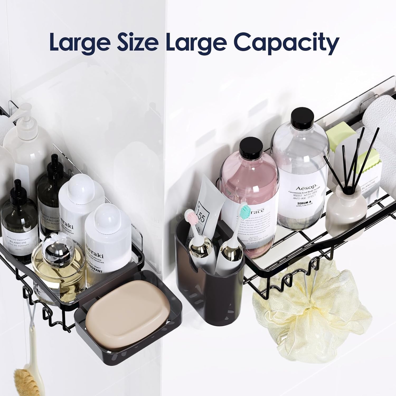 NESOMI Shower Caddy Adhesive Shower Organizer , Rustproof Stainless Steel Bathroom Shelves, Large Capacity No-Drill Rack Storage Accessories with Soap Dish Toothbrush Holder &24 Hooks Home Decor
