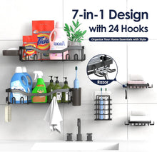 Black multi-piece shower organizer with two racks, 24 hooks, soap holders and toothbrush cup