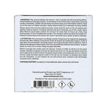 Scented candle box back panel with warnings, barcode, and manufacturing details