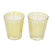 Patterned glass candle holders with white wax, two-pack