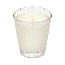 Clear glass scented candle holder with white wax and exposed wick