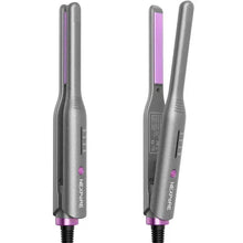 Mini flat iron close-up, gray body with purple indicator light and ceramic plate