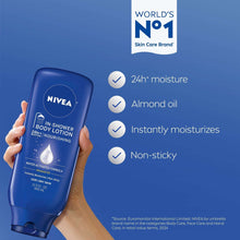 NIVEA in-shower body lotion bottle held in hand, blue with benefit checkmarks